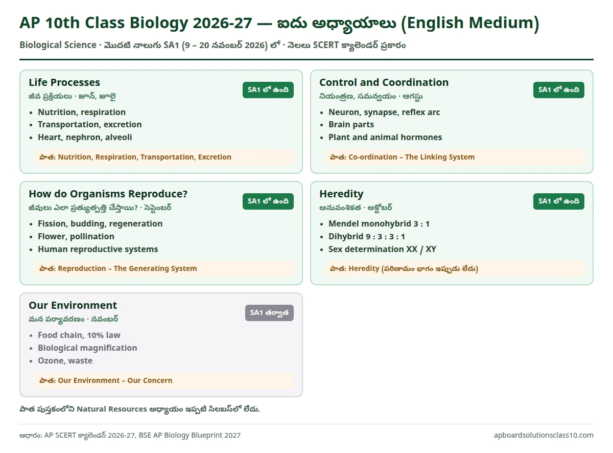 10th Class Biology Study Material English Medium 2026-27 — ఐదు అధ్యాయాలు, పాత అధ్యాయాలు ఇప్పుడు ఎక్కడ