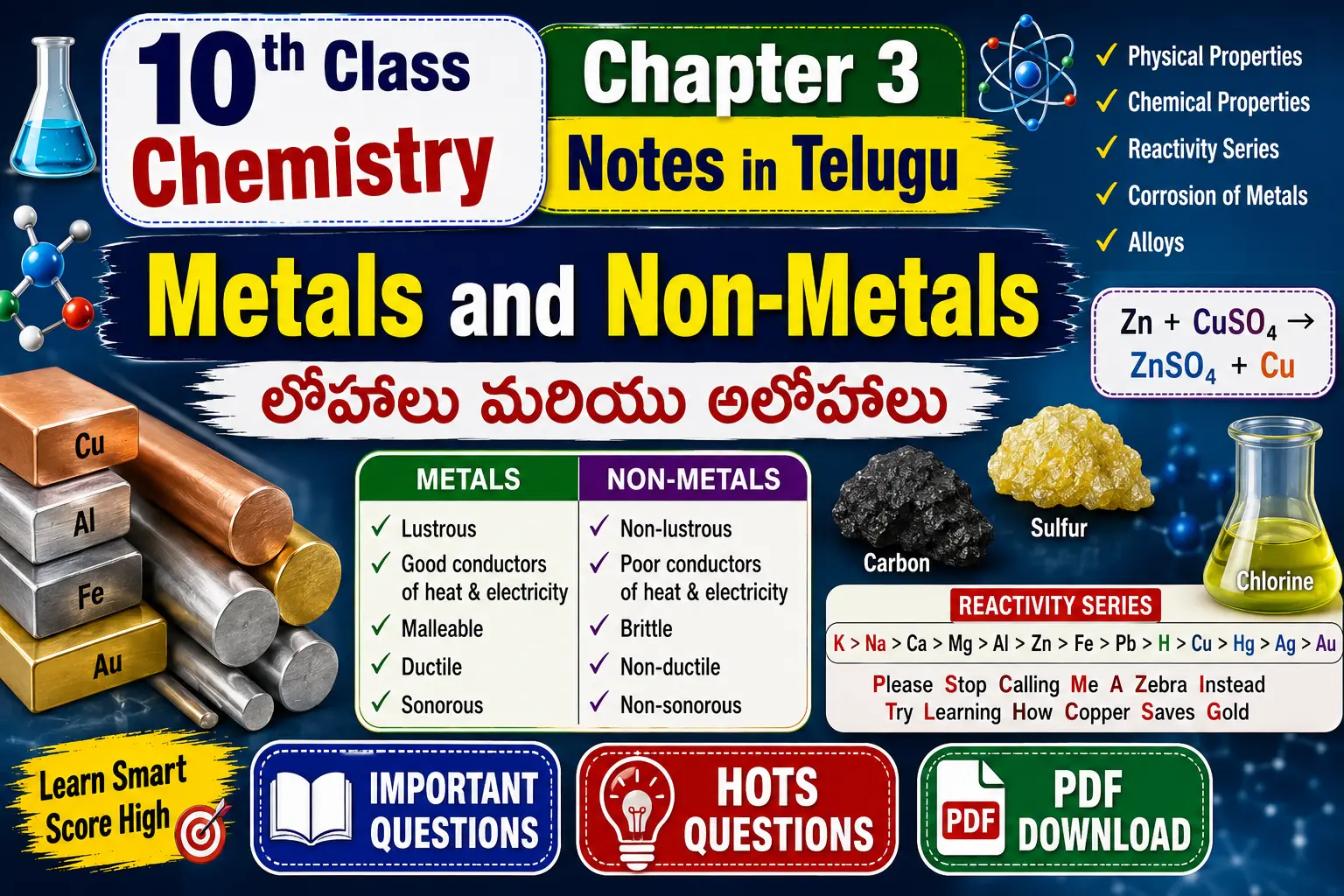 10th Class Chemistry Chapter 3 Notes in Telugu PDF Metals and Non-Metals Important Questions