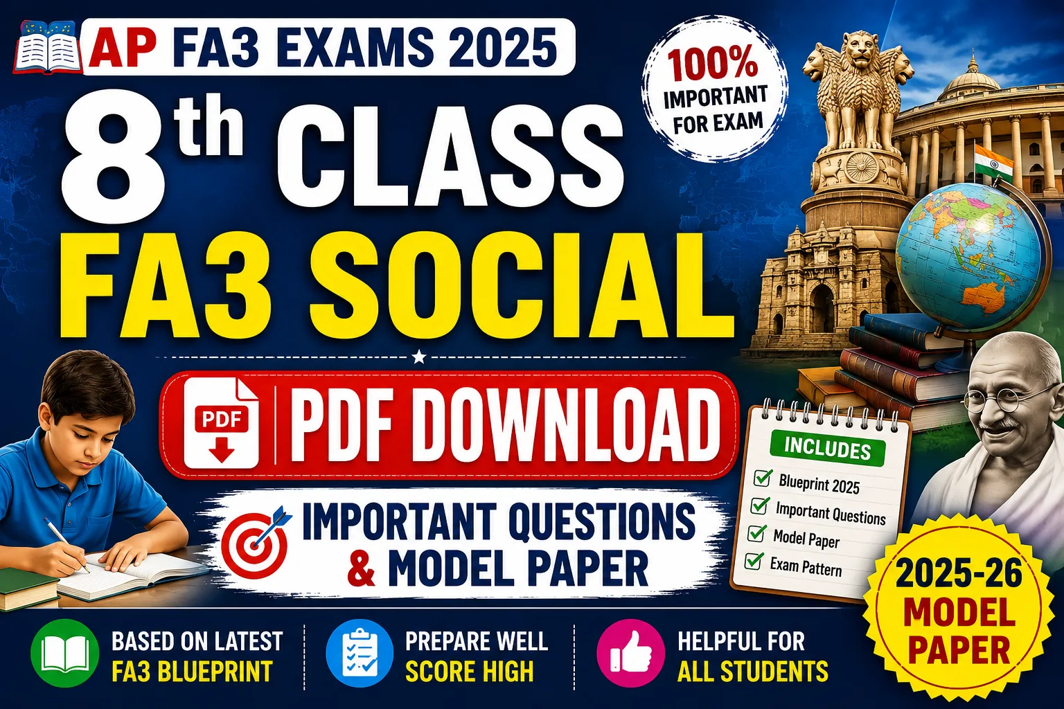 8th Class FA3 Social Question Paper 2025 PDF Download Important Questions Blueprint Model Paper