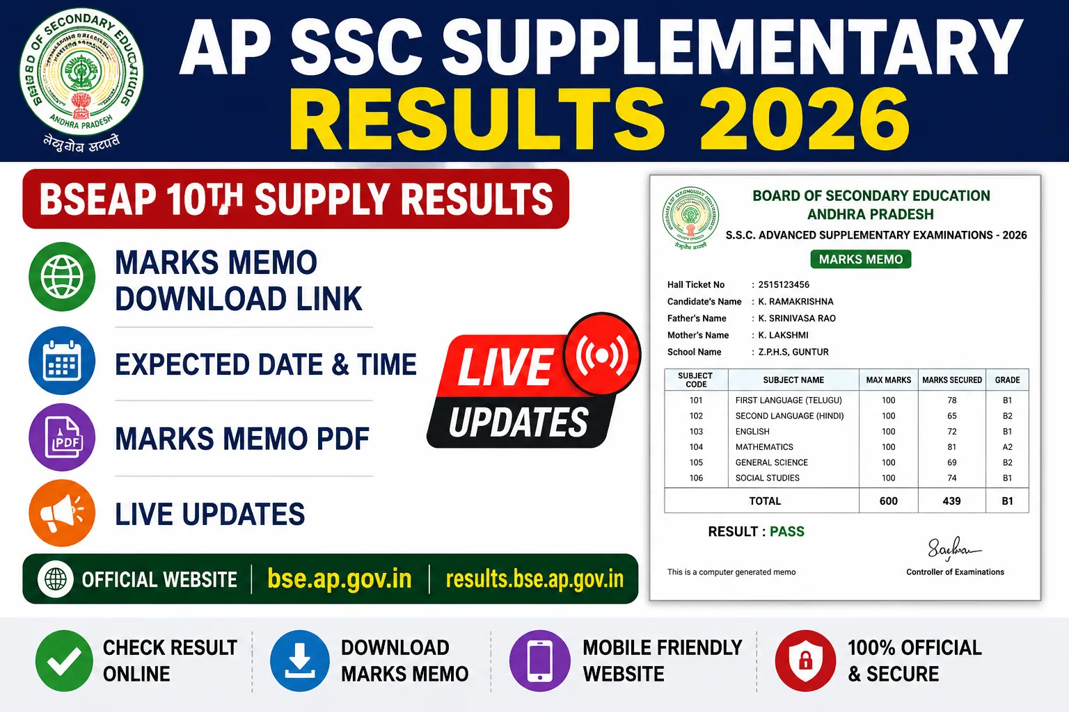 AP SSC Supplementary Results 2026 Marks Memo Download Link Live Updates
