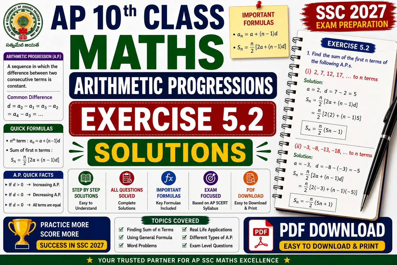 AP 10th Class Maths Arithmetic Progressions Exercise 5.2 Solutions