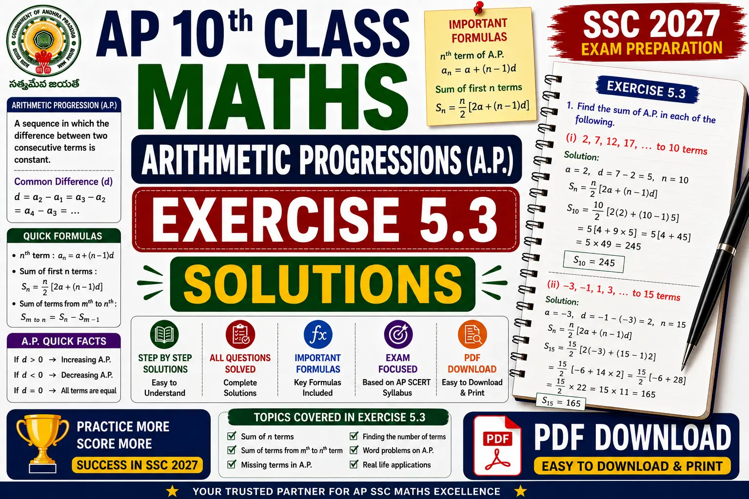 AP 10th Class Maths Arithmetic Progressions Exercise 5.3 Solutions
