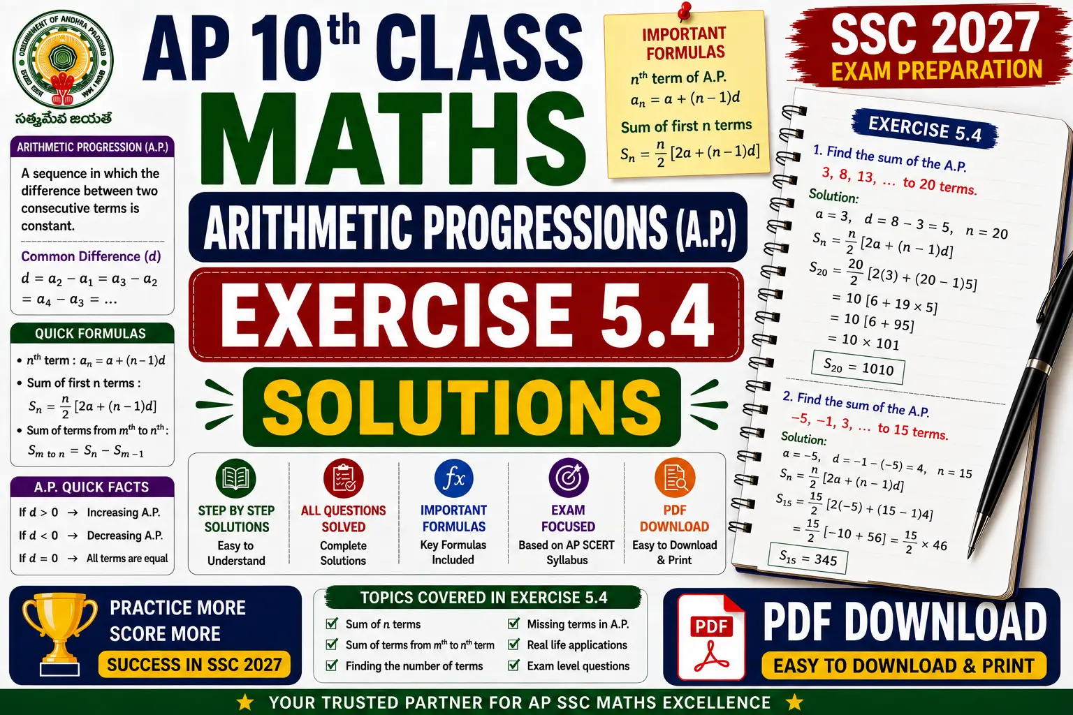AP 10th Class Maths Arithmetic Progressions Exercise 5.4 Solutions