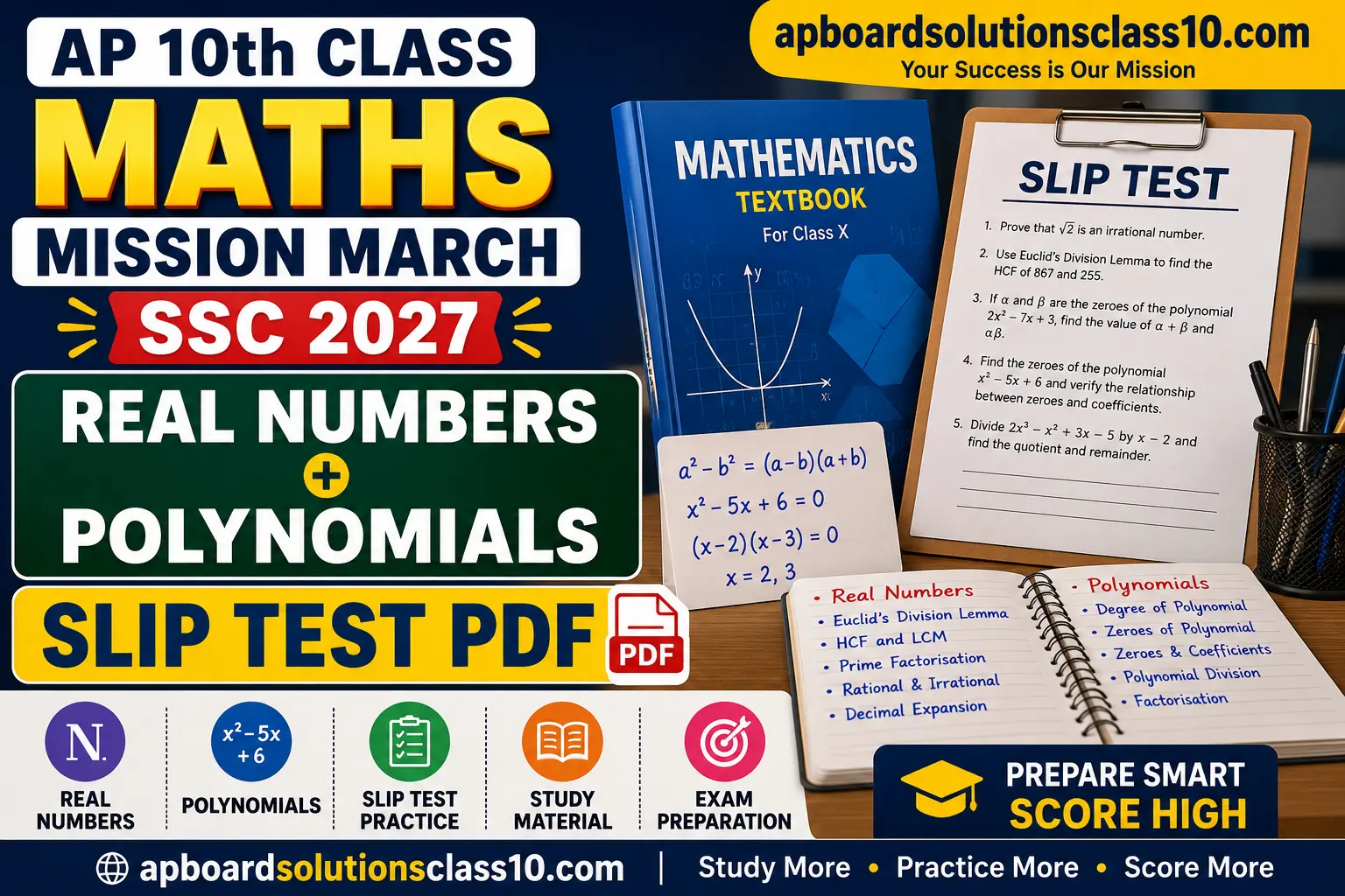 AP 10th Class Maths Mission March SSC 2027 Real Numbers and Polynomials Slip Test PDF