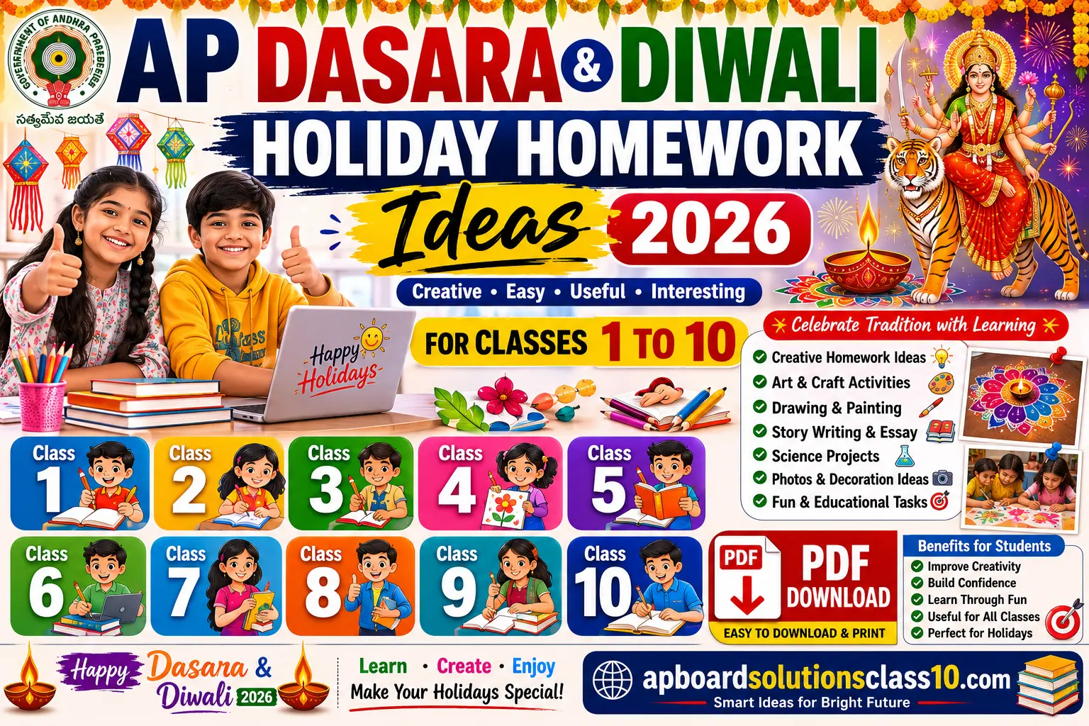 AP Dasara Diwali Holiday Homework 2026 Class 1 to 10