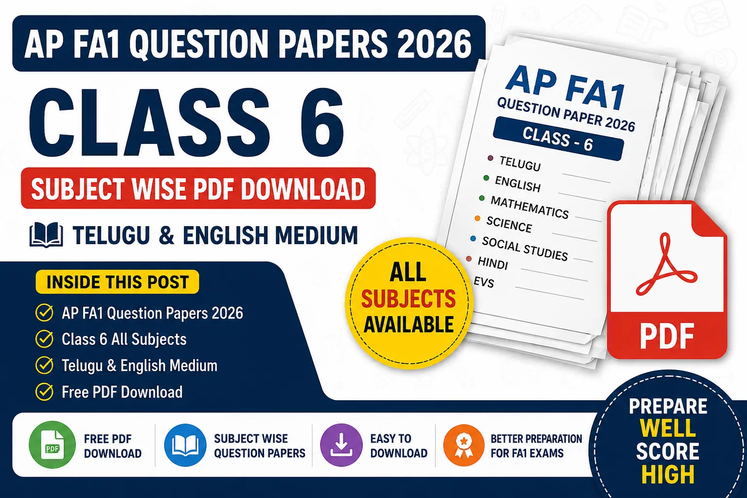 AP FA1 Question Papers 2026 Class 6 subject wise PDF download in Telugu and English Medium