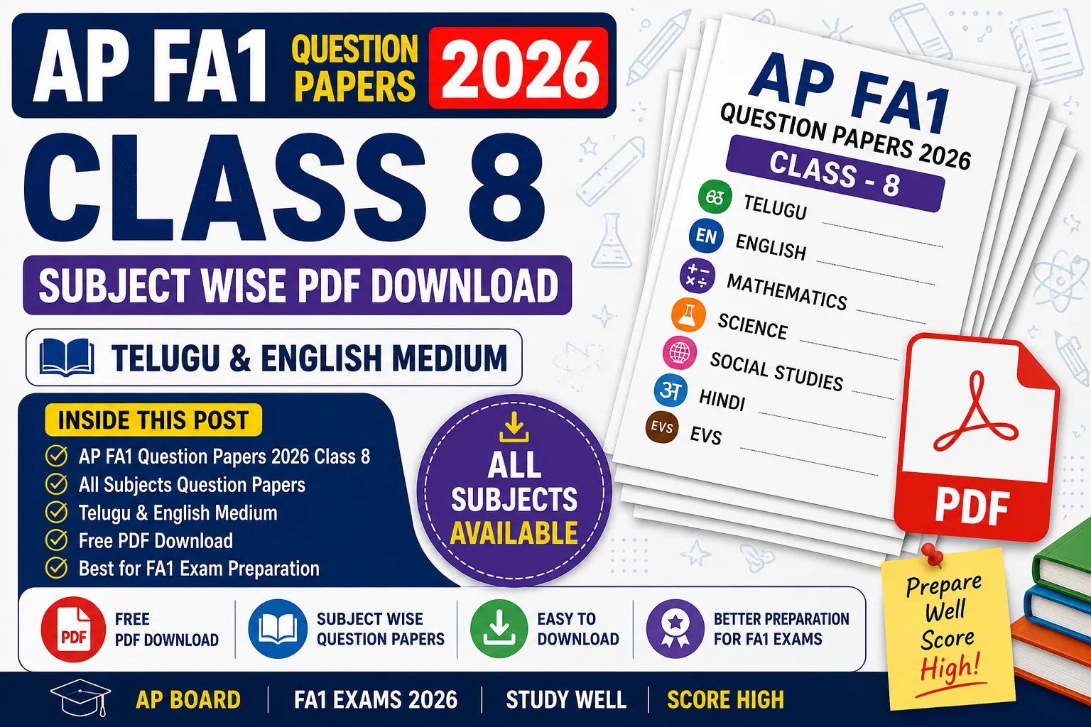 AP FA1 Question Papers 2026 Class 8 subject wise PDF download