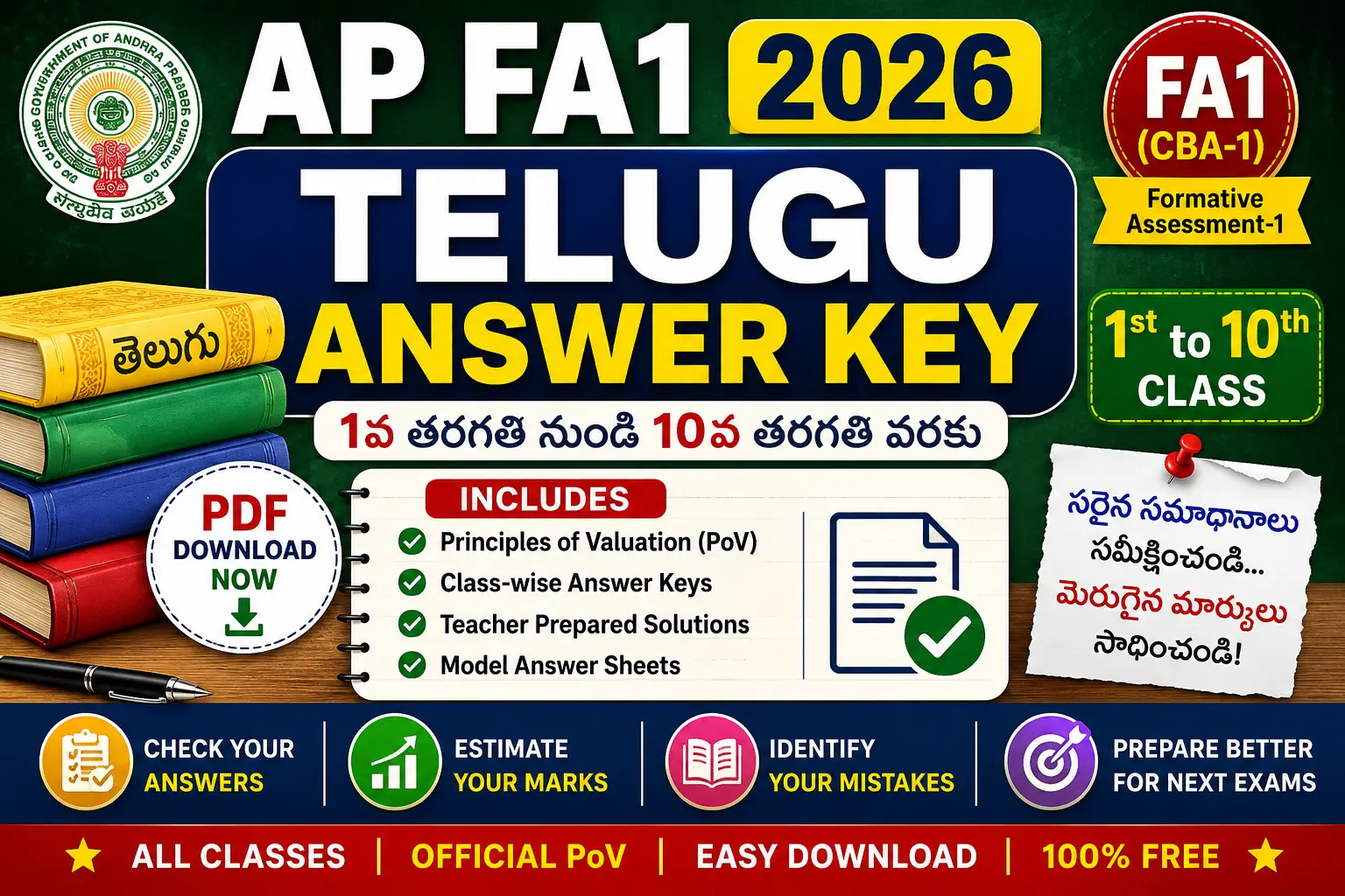 AP FA1 Telugu Answer Key 2026 PDF Download for 1st to 10th Class with Principles of Valuation PoV