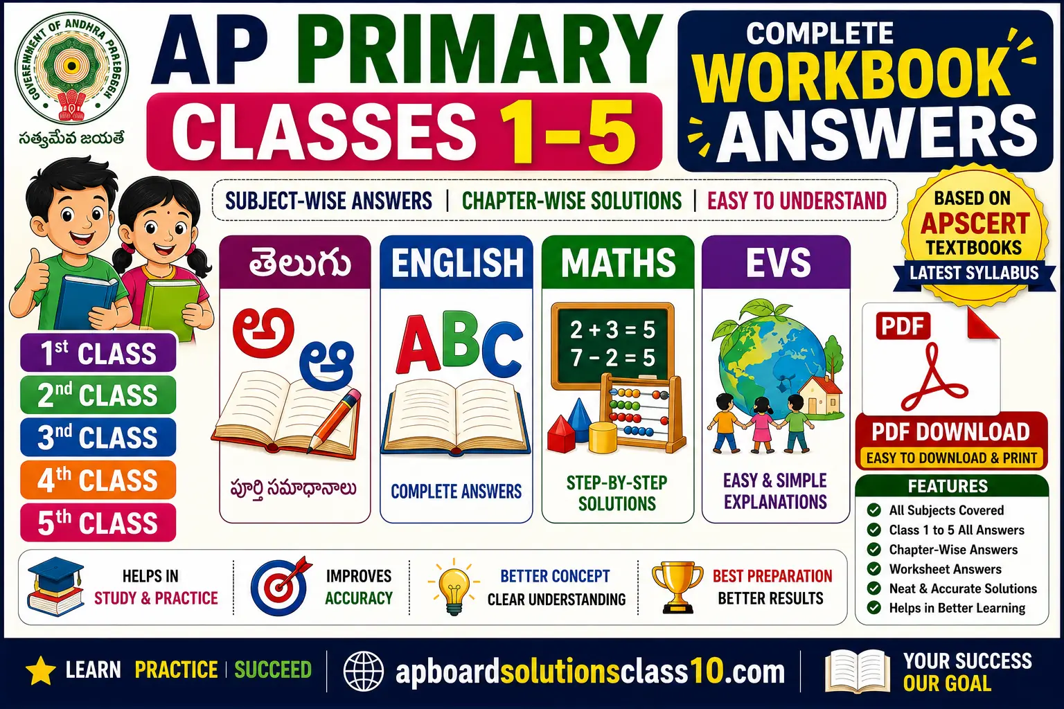 AP Primary Classes 1 to 5 Workbook Answers Telugu English Maths EVS