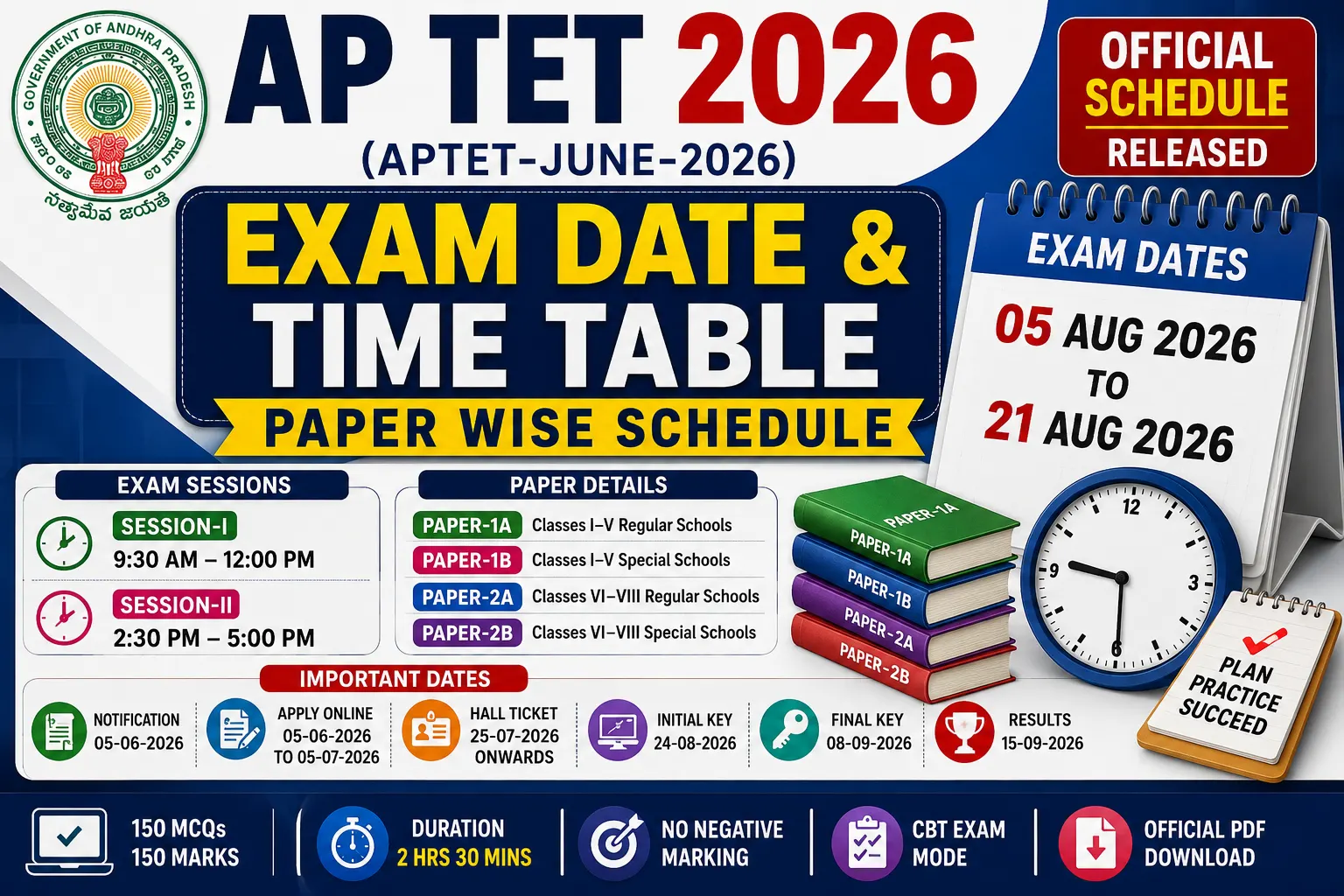 AP TET 2026 Exam Date and Time Table PDF Paper Wise Schedule
