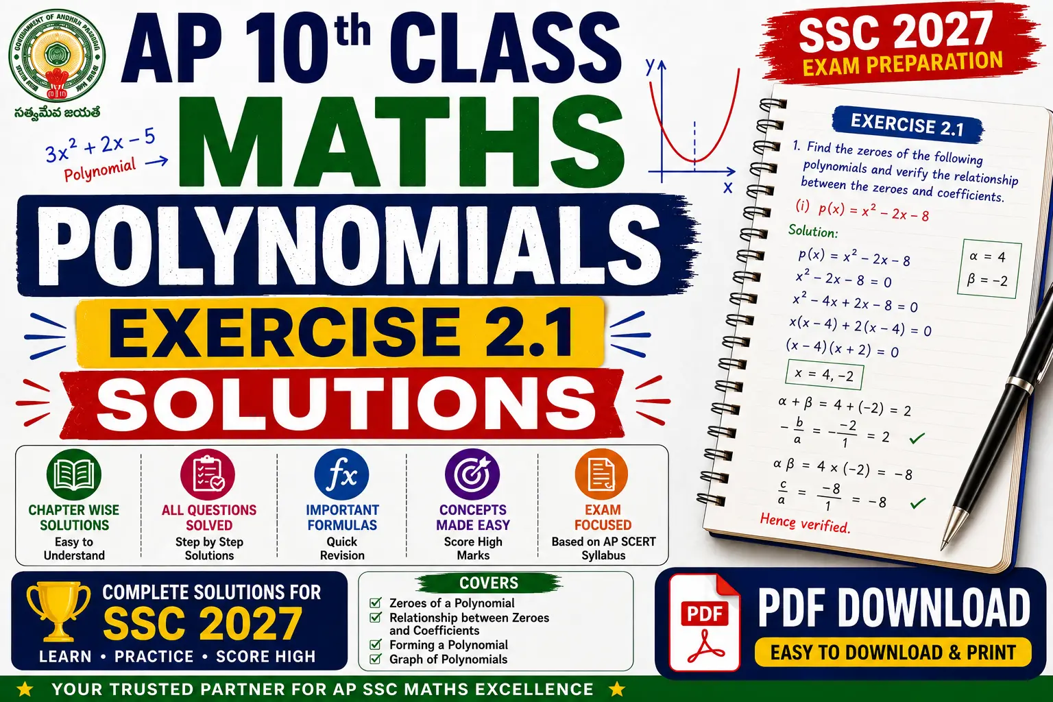 AP 10th Class Maths Polynomials Exercise 2.1 Solutions