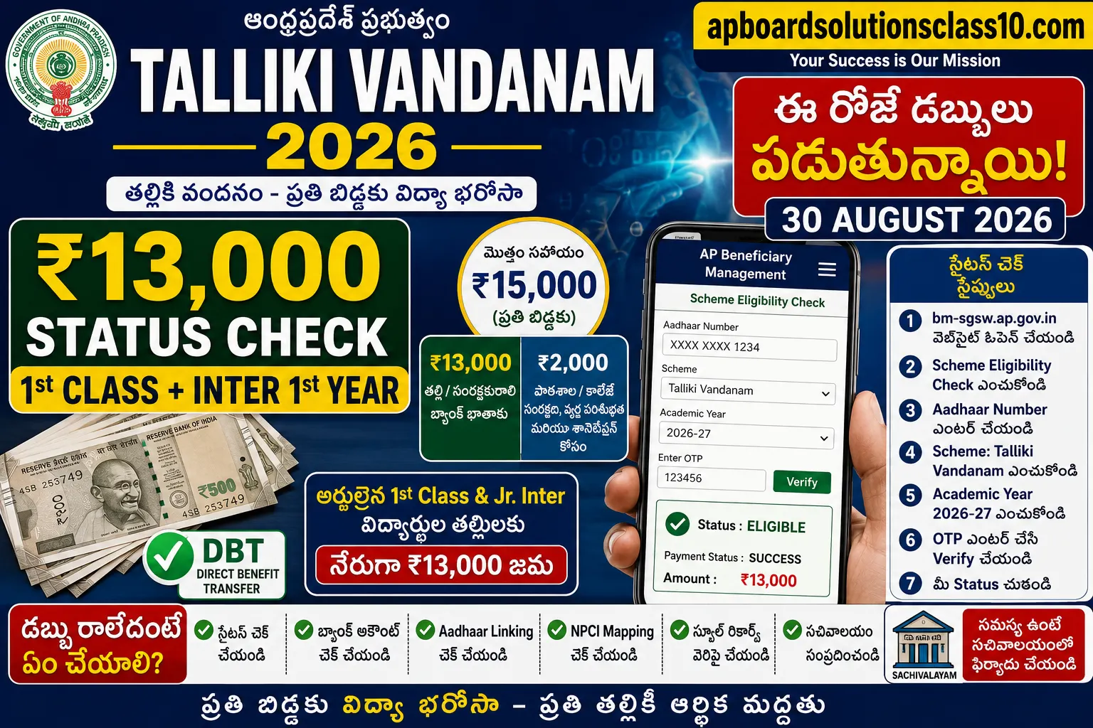 Talliki Vandanam ₹13,000 Status Check 2026 1st Class Inter 1st Year