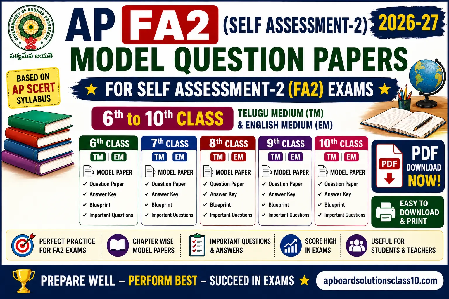 AP FA2 Self Assessment 2 Model Question Papers 2026-27 Class 6 to 10 TM EM