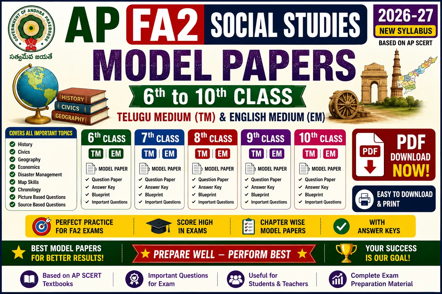 AP FA2 Social Studies Model Papers 2026-27 Class 6 to 10 TM EM