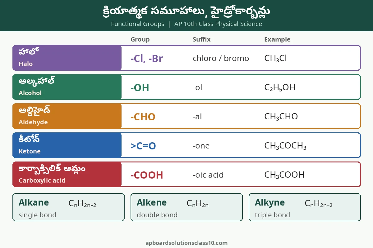 AP 10th Class Carbon and its Compounds Solutions - క్రియాత్మక సమూహాలు, ఆల్కేన్, ఆల్కీన్, ఆల్కైన్ చార్ట్